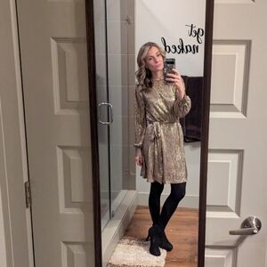 Gold Long-Sleeve Dress with Belt